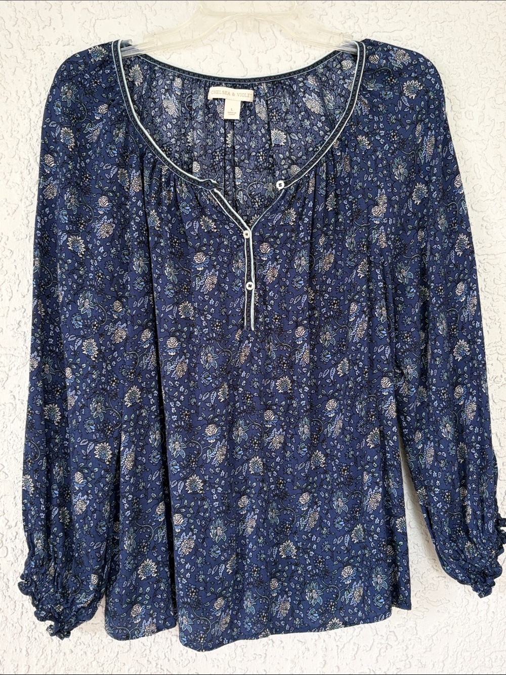 Chelsea & Violet Navy Blue Floral Henley Blouse size L